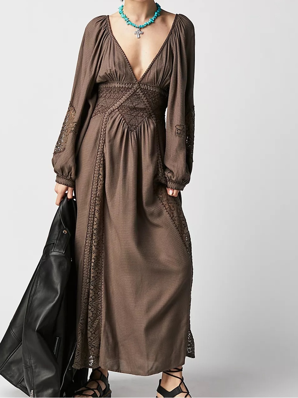 Free People SouthWest Lace Women’s Olive Boho Maxi Dress with Lace Insets - Picture 2 of 8